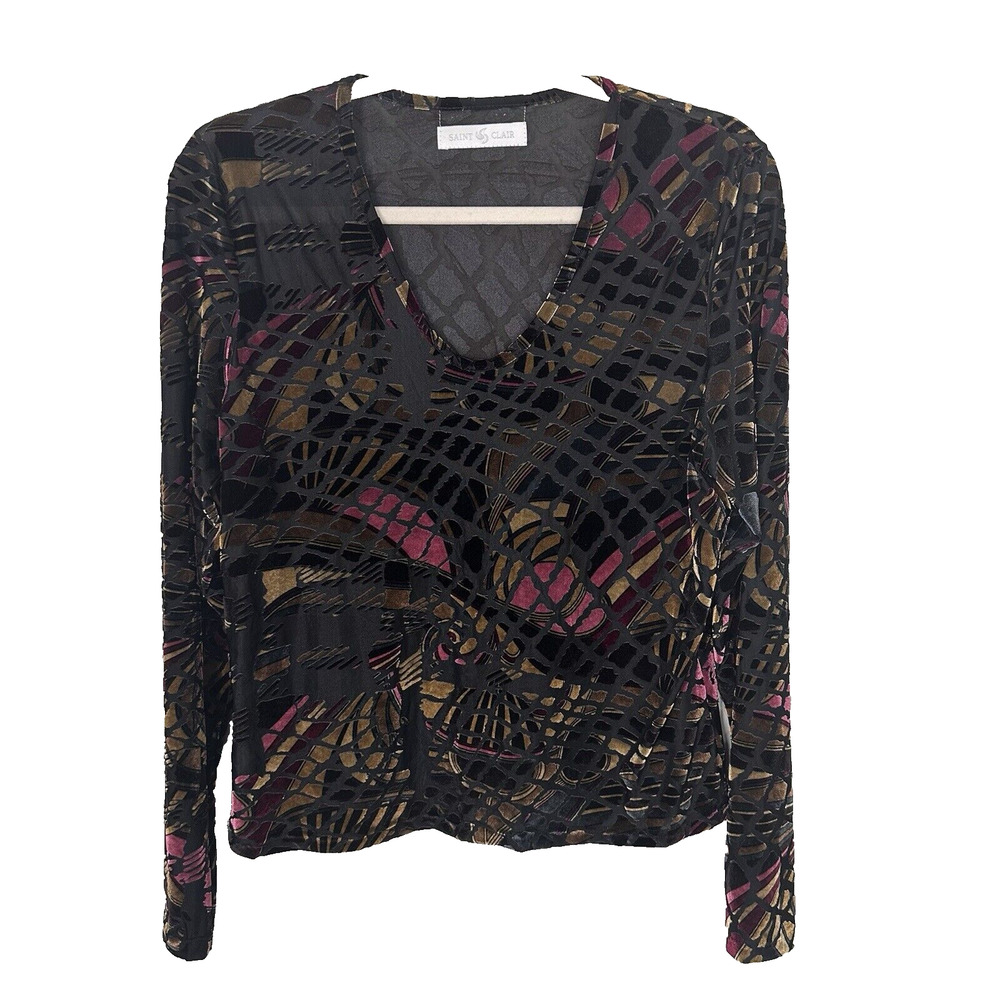 Vtg Saint Clair Womens Velvet Burnout Long Sleeve Top Fairy Grunge Whimsigoth